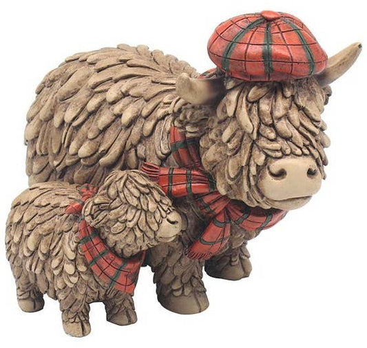 LP75433 - Hughie Highland Cow And Calf With Tartan Hat And Scarf