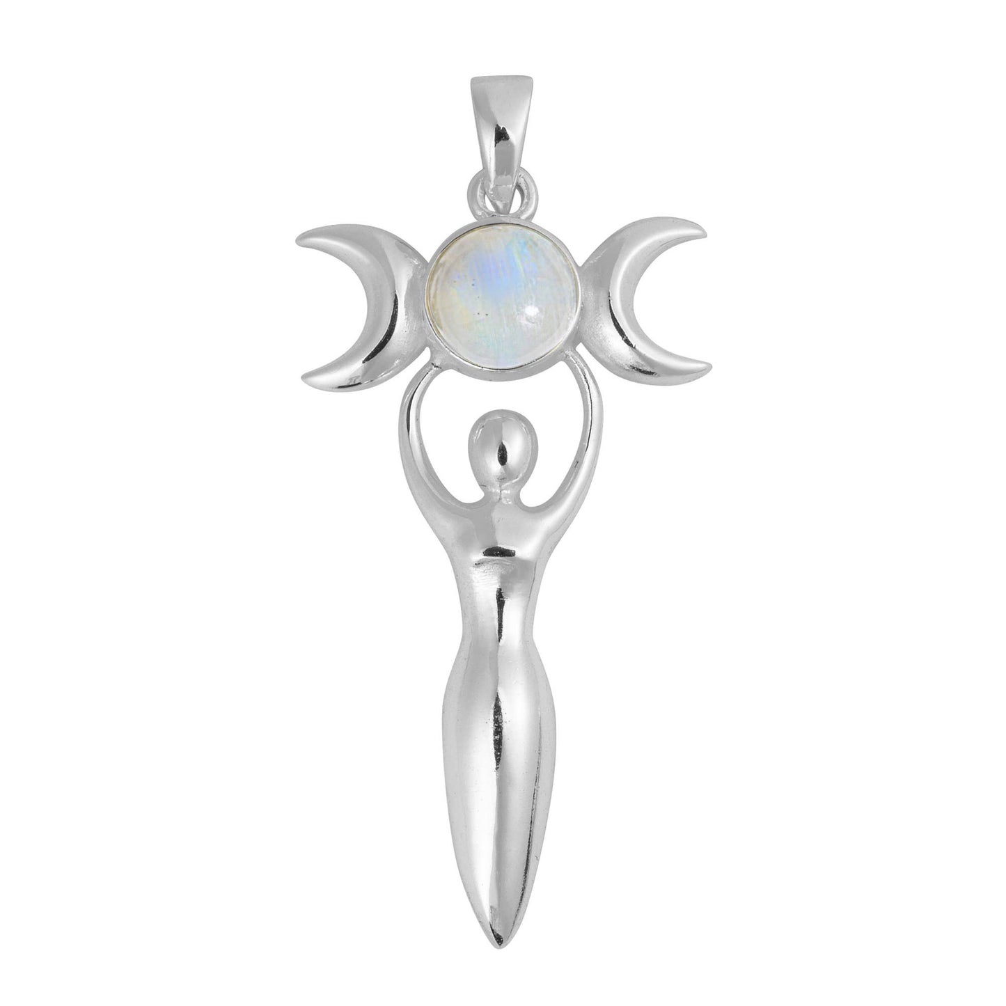 Rainbow Moonstone Triple Moon Goddess Pendant on 18" Italian cable chain