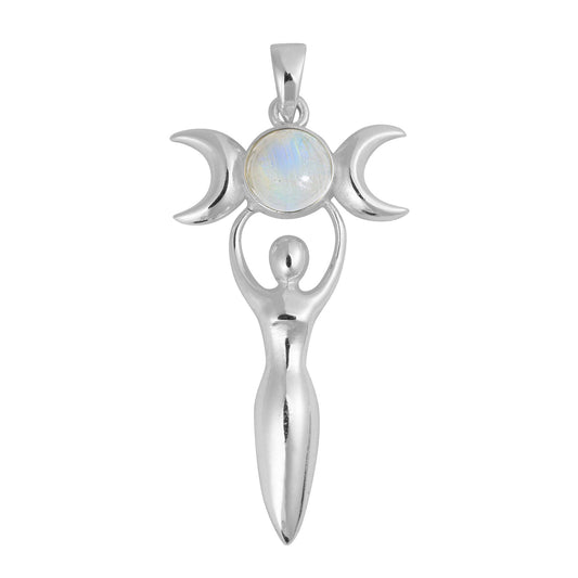 Rainbow Moonstone Triple Moon Goddess Pendant on 18" Italian cable chain