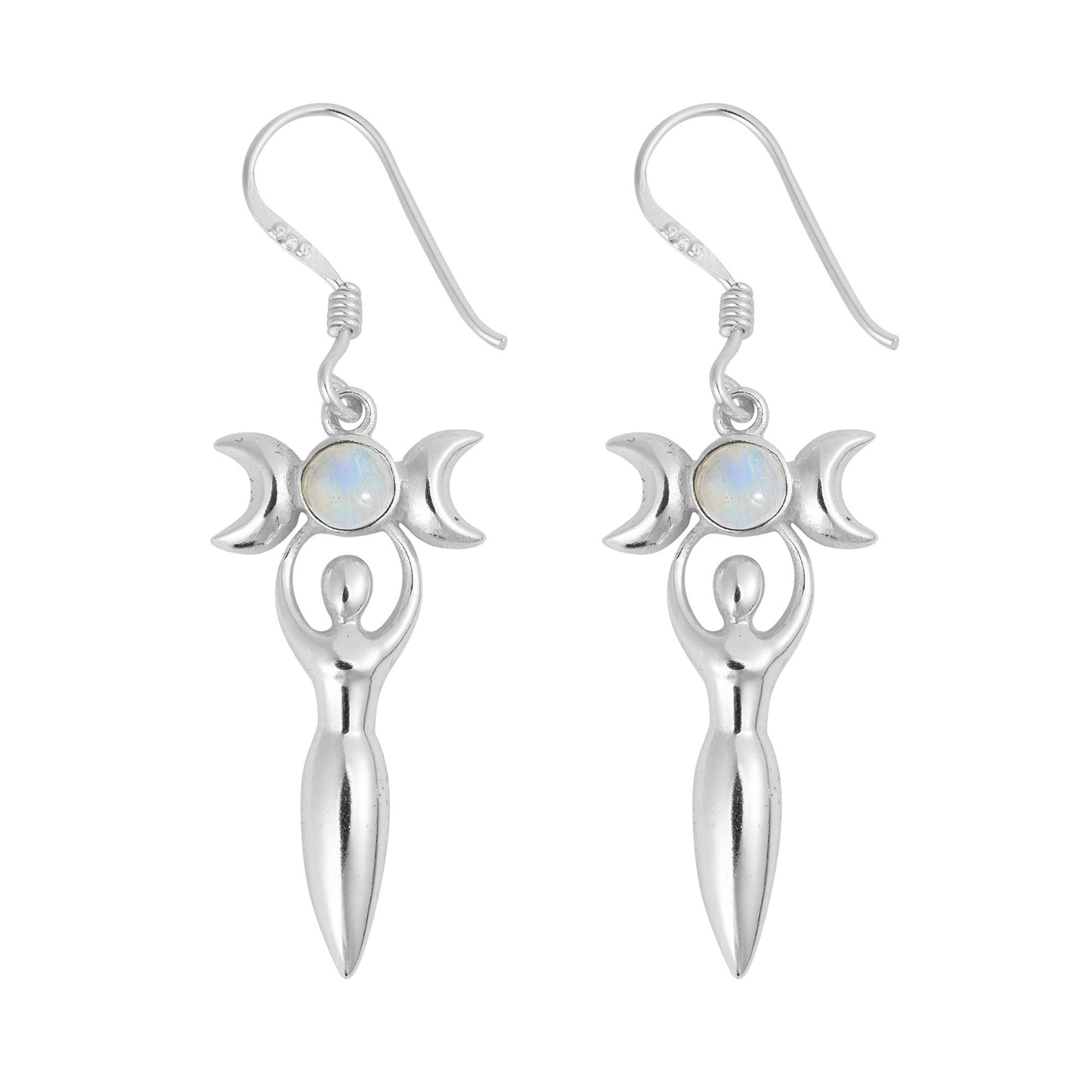 925 Silver Rainbow Moonstone Triple Moon Goddess Earrings