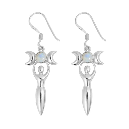 925 Silver Rainbow Moonstone Triple Moon Goddess Earrings