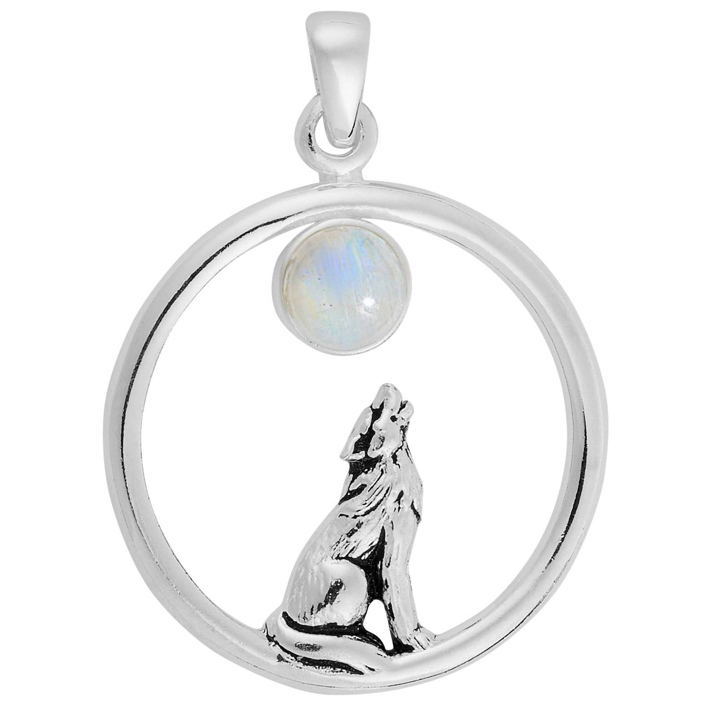925 Silver Moonstone Moon Gazing Wolf Pendant