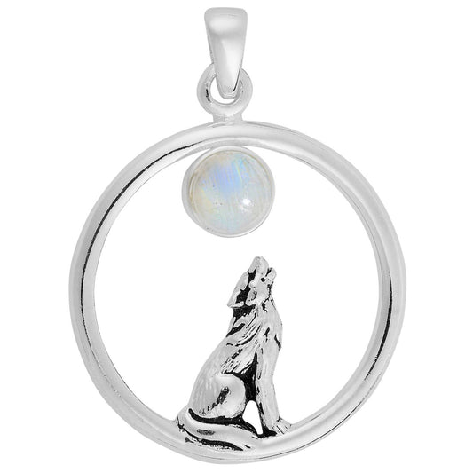 925 Silver Moonstone Moon Gazing Wolf Pendant