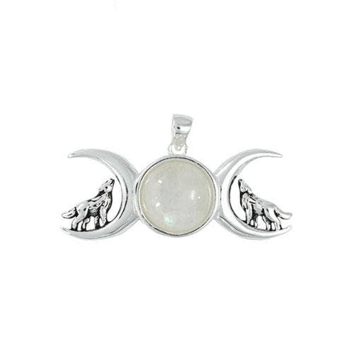 925 Silver Rainbow Moonstone Triple Moon Wolf Pendant