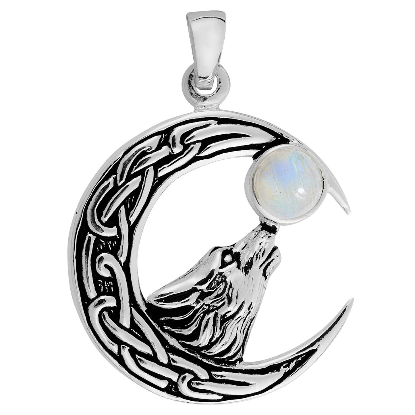 925 Silver Large Rainbow Moonstone Celtic Moon Wolf Pendant On 18" Chain